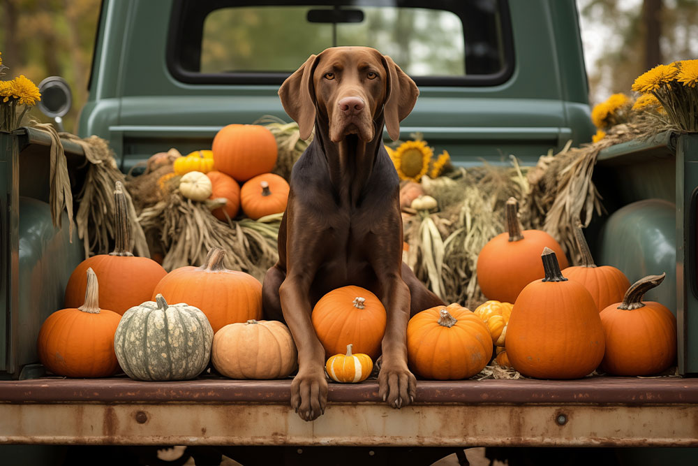 A brown dog sits on the bed of a vintage green truck surrounded by hay and various pumpkins. Sunflowers are tucked into the hay, creating an autumn harvest scene.